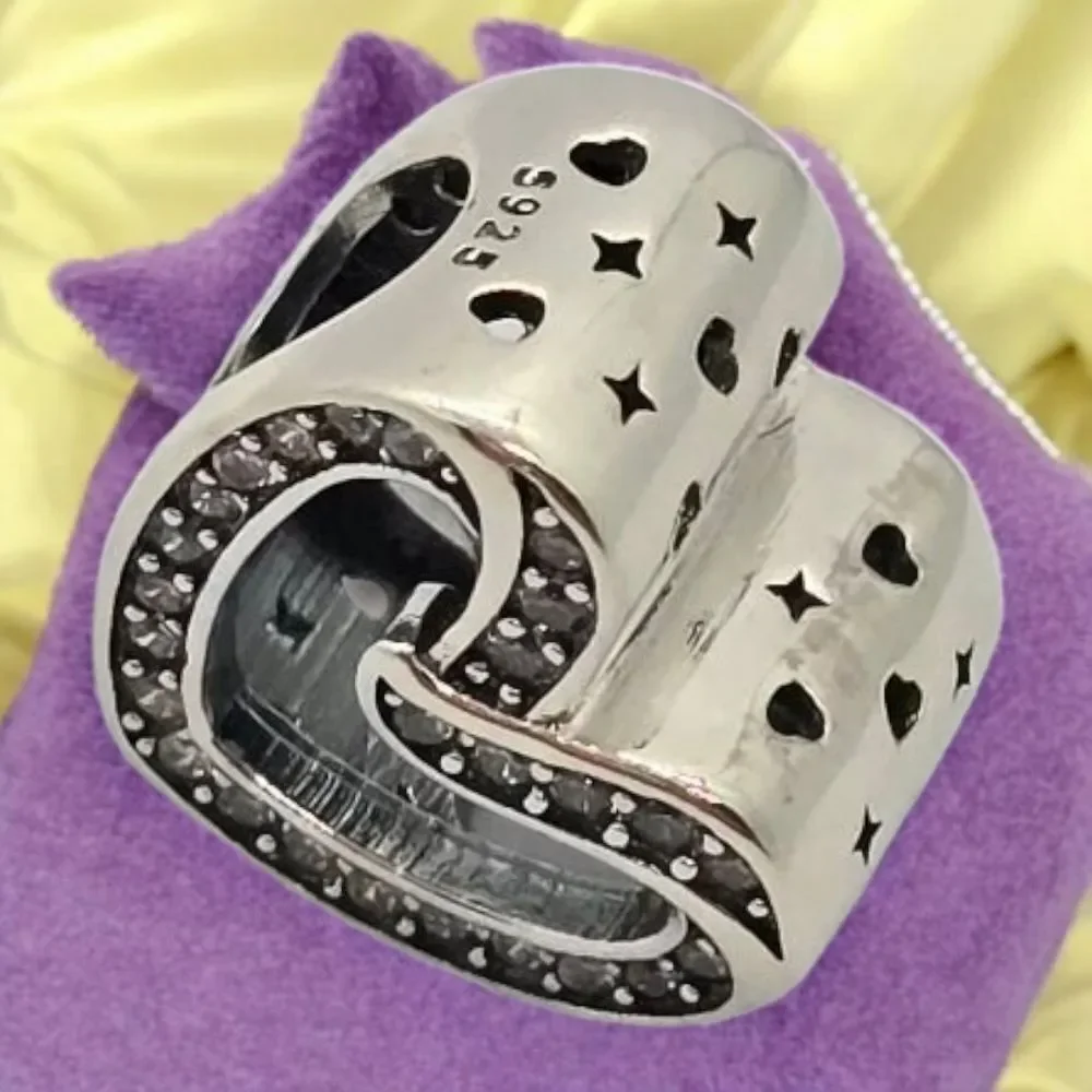Rhinestone Heart Charm S925 Sterling Silver Slide-On Bracelet Pendant Jewelry